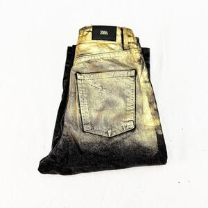 Zara High Waisted Gold Foil Denim Jeans Gray Gold Raw Hem Wide Leg Size 0 MINT